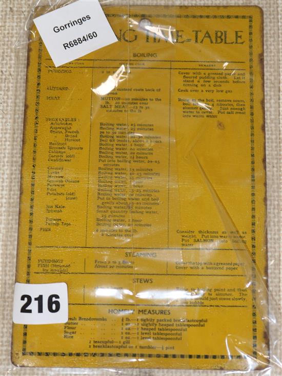 A 1920s enamelled metal cooking timetable